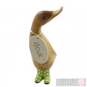 Wooden Duckling in Pale Green Spotty Welly Boots with Closed Beak