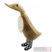 Wooden Duckling in Purple Spotty Welly Boots with Closed Beak